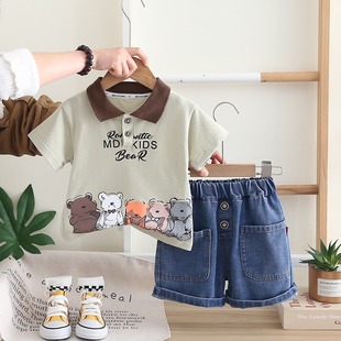 Boys' cartoon lapel short sleeve suit 2025 summer new men's baby casual Denim shorts two-piece set