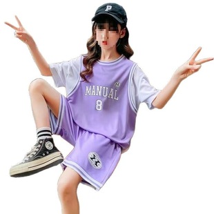 Girls' summer basketball uniform sportswear suit 2025 new cuhk children's fake two-piece T-shirt five-point pants two-piece set