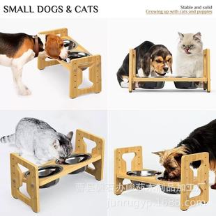 Cross-border Wooden Pet Bowl Rack Bamboo Adjustable Height-increasing Pet Food Basin Home Two-in-one Drinking Water Rack Cat Bowl Rack