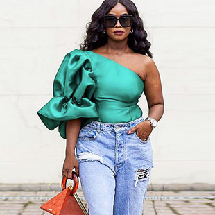 AM211243 Sexy Shoulder T-Shirt Open Shoulder Lantern Sleeve Elegant All-match Women's Top Casual Shirt