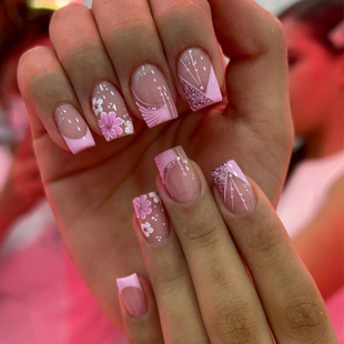 Pink short Square finished wear nail polish powder glitter flower polka dot line design Foreign trade fake nails