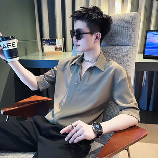 Summer V Neck Ice Silk Short-sleeved Shirt Men's Draped Inch Shirt Casual Handsome 2024 New Five-quarter Sleeve Quick-drying Shirt
