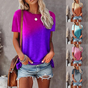 2023 Summer Cross-border European and American Women's Clothing Amazon Independent Station ebay Explosions Round Neck Tie-Dye Printed Short-sleeved Top