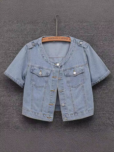 Vintage Round Neck Denim Coat Women's Short 2024 Summer Thin Short Sleeve Casual Washed light blue Ware Outer