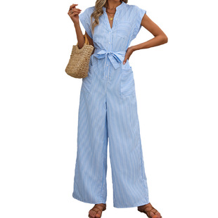 Amazon 2025 New European and American Casual Jumpsuit Cross-border Sleeveless V-neck Blue and White Vertical Striped Jumpsuit