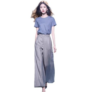 Salt Style Light Mature Wind A and Sa Simple Fashion Western Style Age-reducing Blue Short-sleeved Top Casual suit Pants for Women in Summer