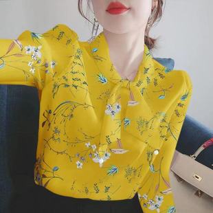 YXBB Autumn New Long-sleeved Chiffon Shirt Puff Sleeve Printed Base Shirt Korean-style All-match Loose Large Size