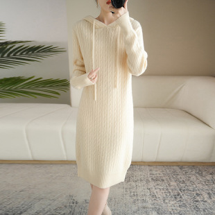 Autumn and Winter new wool hooded knitted dress Women's Mid-length over-the-knee sweater dress slimming temperament inner dress