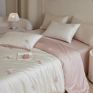 Class A 100LF Tencel embroidery four-piece summer ice silk bed sheet quilt cover light luxury high-grade fitted sheet bedding