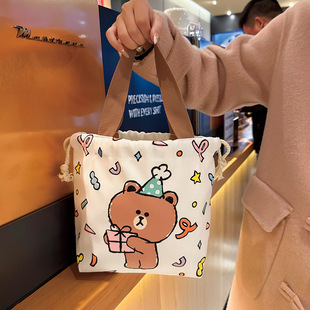 Brown Bear Genuine Authorized Bag Cartoon Handbag Women's Large Capacity Drawstring Bucket Commuter Lunch Box Bag Wholesale