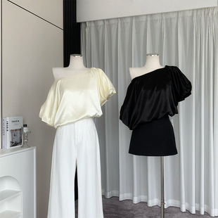 Like Jennie Bubble Satin Design Slanted Shoulder Top Women's New Summer Outer Wear Versatile Shirt 8251