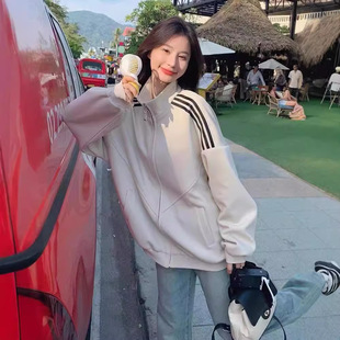 fleece-lined Three Bar Striped Collar Sweatshirt Cross-border New Ins Student 2024 Loose Sports Zipper Casual Jacket