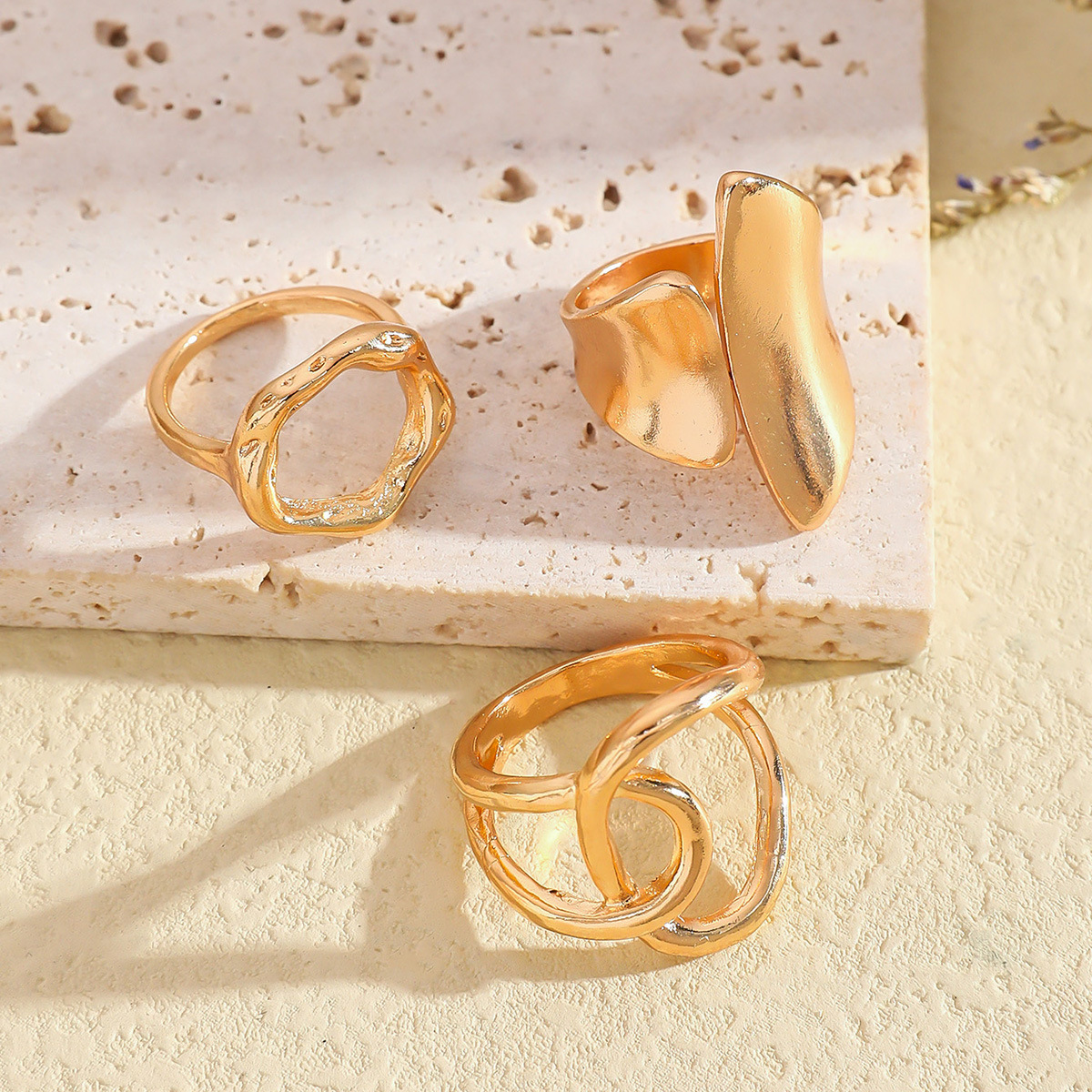 Ins Style Silver Geometric Open Ring Set, Niche Minimalist Style Irregular Hollow Rings
