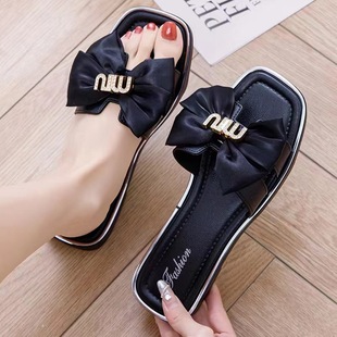 Wholesale summer women's bow one-word slippers outerwear fashion casual all-match flat beach sandals for women