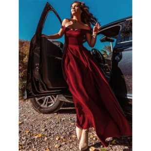Cross-Border European and American Women's Clothing, Women's V Neck Pure Color Dress, Retro Off-Shoulder Dress, Long Skirt