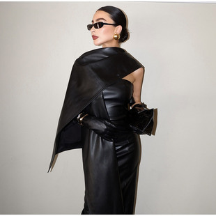 2024 New Slim-fit Sexy Elegant Street Fashion Leather Cloak dress Hip Europe and America