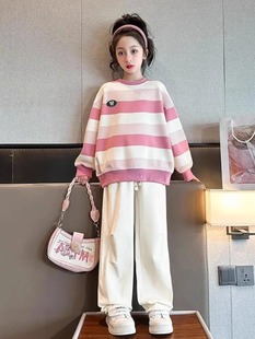 Girls' Striped Sweatshirt suit Spring and Autumn 2024 New Style Children's Autumn Fried Street Wide Leg Pants Girls' Clothes