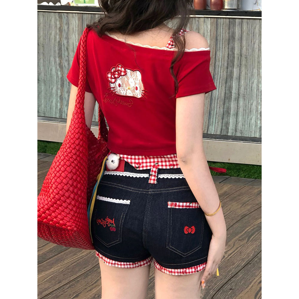 키티 머리! Pure Desire Hot Girl Bow Slanted Shoulder Plaid Splicing Hollow Design 여성용 반팔 티셔츠 탑