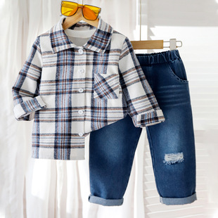 Cross-border Amazon ins spring and autumn children's suit plaid shirt coat Denim trousers two-piece wholesale