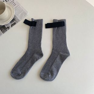 Autumn and winter wool over-the-knee socks with big bowknot sweet solid color Maillard style pile of calf socks mid-calf socks for women