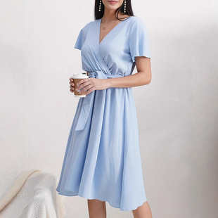 Cross-border foreign trade factory independent station Europe and the United States 2024 new short sleeve cross collar dress belt solid color dress