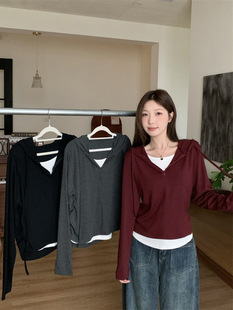Source Factory in stock Half Zipper Hooded Fake Two-Piece Base Shirt Women's Autumn and Winter New Contrast Color Stylish Fashion Long Sleeve Repair