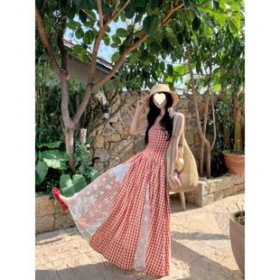 French Vacation Plaid Lace Stitching Heavy Industry Tube Top dress Summer Elegant Waist Slimming High-grade Midi Dress