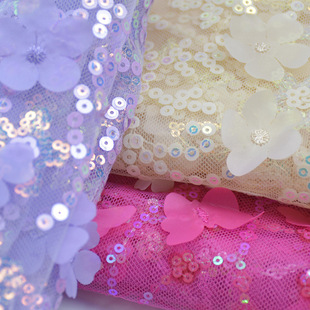 in stock Sequin Fabric Petal Flower Butterfly Embroidery Lace Wedding Dress Mesh Background Decoration Kids Fashion Fabric