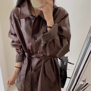 Mid-length Retro Leather Jacket Women's 2025 Early Spring New High-end Sense This Year's Popular Jacket Lace-up for Petite