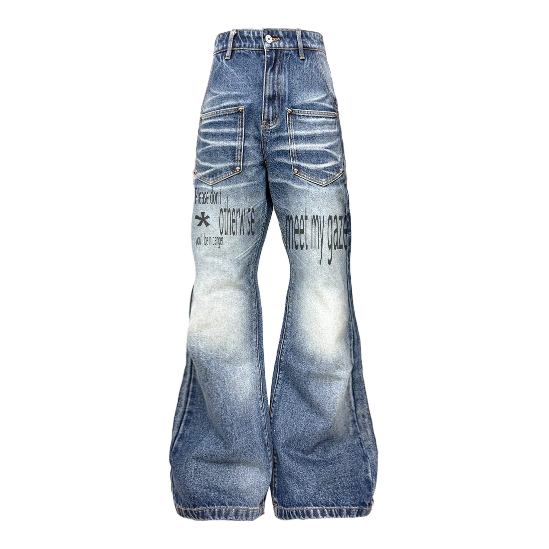 Detw 25Aw* Original Retro Niche Slogan Washed Blue Cow Whiskers Micro-Flared Rivets Versatile Jeans for Men and Women