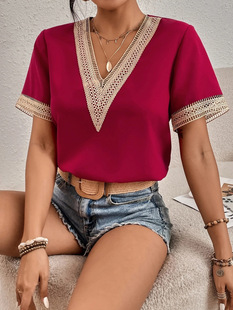 2024wish cross-border ebay Amazon women's v-neck lace loose top temperament commuter short sleeve shirt women