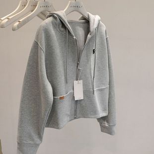 Spring New Simple Color Casual Sports Style Short Hooded Cardigan Sweater Women's Zipper Loose Jacket