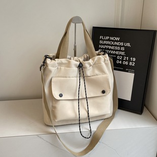 Foreign Trade Casual Large Drawstring Bucket Bag All-match Lightweight Canvas Handbag Niche Shoulder Crossbody Bag Tote Bag