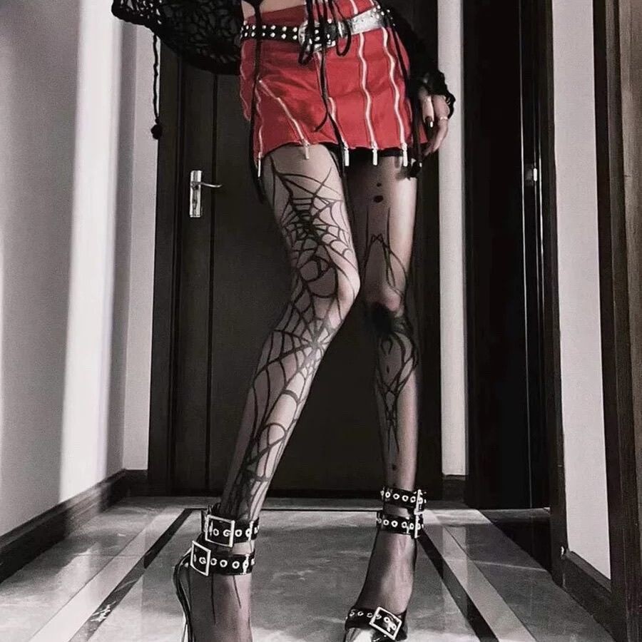Halloween Eclipse Stockings Dark Gothic Style Black Silk Printed Spider Web Women's Any-Cut Pantyhose