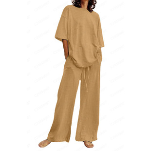 Women's Clothing 2-Piece Set 2024 Summer Temsien Casual Belt Pocket Half Sleeve Top and Wide Leg Pants suit Women