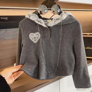 2025 New Gray Girl Style suit Spring Dress Sweet Hooded Top Half Skirt Hooded Two-piece suit