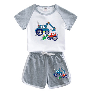 Excavator Boys and Girls Summer Suit 2023 New Children's Cotton Short-sleeved Shorts Casual Thin Two-piece Set