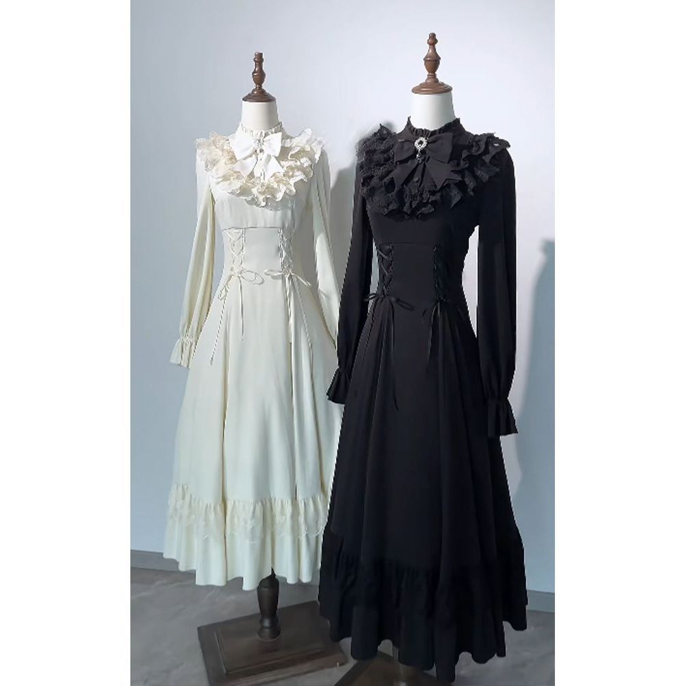 【Day and Night】 French-Style New Gothic Clear-Cut Long-Sleeve Bow-Knot Dress with a Waist-Cinching Design That Enhances Elegance and Slimness