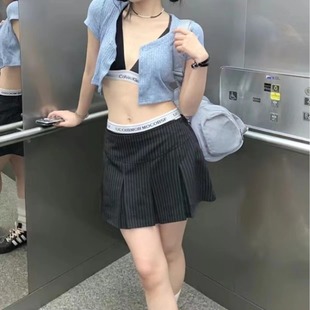 Cross-border New Sexy Korean Short Skirt Fake Two-piece Letter Printed High Waist Skirt Design Sense Slim Pleated Skirt