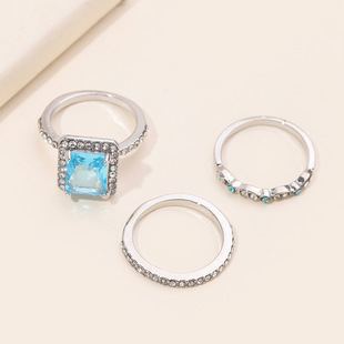 Jianjie Cross-border Explosions 3-piece Set Imitation Platinum Set with Blue Zircon Women's Creative Simple Love Ring