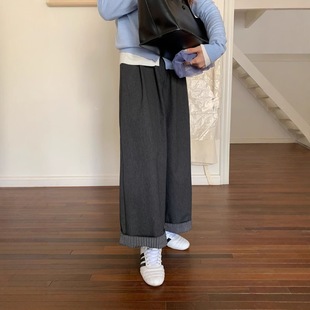 Korean Style Flanging Design 2025 Spring Fashionable Slimming Meat Covering Striped Stitching Wide Leg Pants