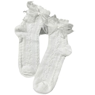 White Bow Lolita Fairy Princess Socks Summer Thin Mid-Length Socks Japanese Solid Color Lace Jk Socks