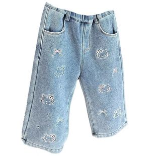 Baby Girl's One-piece Thickened fleece-lined Jeans Baby Girl's Autumn and Winter Girls' Loose Straight Pants Ancola Red