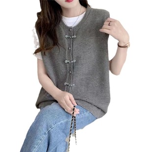 Crewneck Knitted National Style Vest Women's Cardigan Outer Vest Stacked Sleeveless Solid Color Sweater Waistband Vest Women's Coat