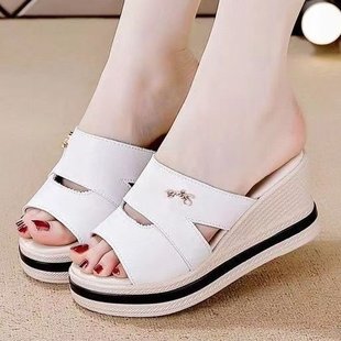 Leather Sandals Women's 2024 Summer New All-match Casual Platform Platform Wedge Heel Heel High Heel Slippers for Women