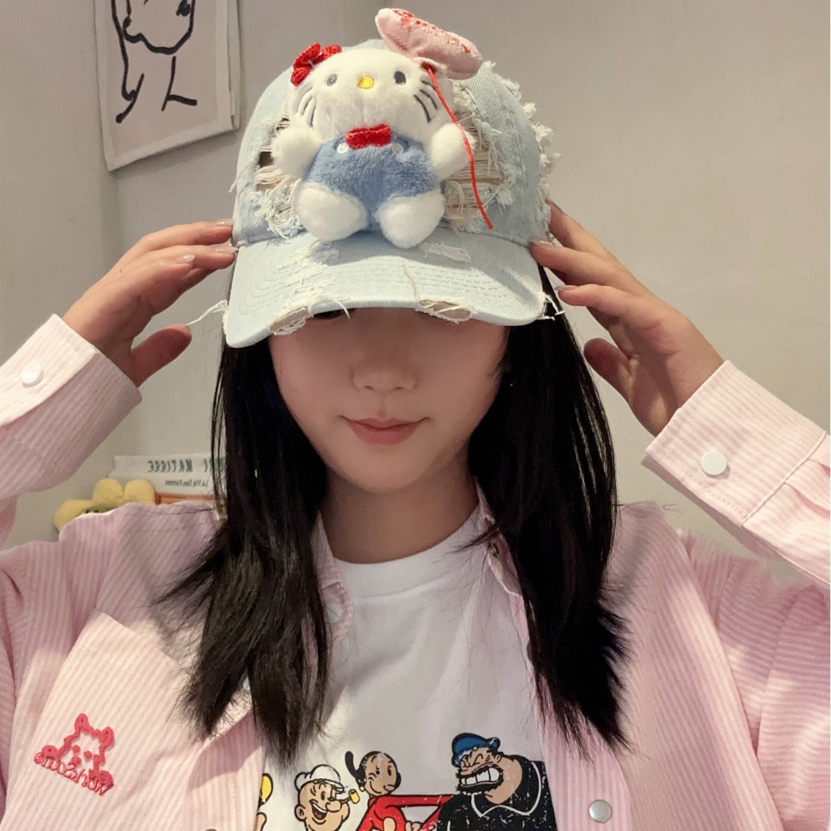 Vintage Denim Distressed Cartoon Kt Baseball Cap for Women, American Retro Street Niche Casual Outdoor Sunshade Peaked Cap