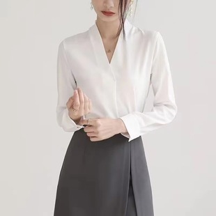 White Shirt Women's Anti-wrinkle White-collar Work Clothes Top Spring and Autumn High-end Temperament Chiffon V-neck Professional Long-sleeved Shirt