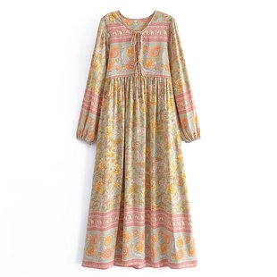 Foreign trade 2022 spring new rayon watermark positioning flower tassel Bohemian holiday style long dress women