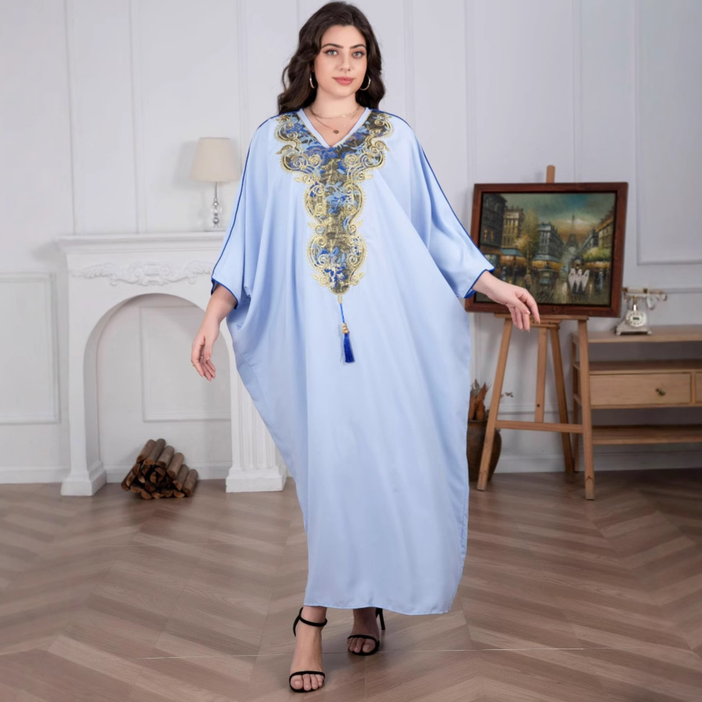 Cross-Border Women's Robe with V-Neck, Embroidered Tassels, Elegant Xinjiang Robe, Embroidered Dress