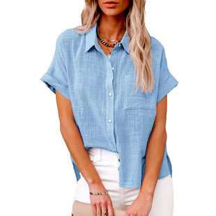 2025 Summer New Amazon wish European and American Cross-border Women's Solid Color Linen Shirt Short-sleeved Casual Loose Shirt